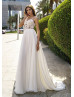 Beaded Spaghetti Straps Ivory Lace Chiffon Wedding Dress